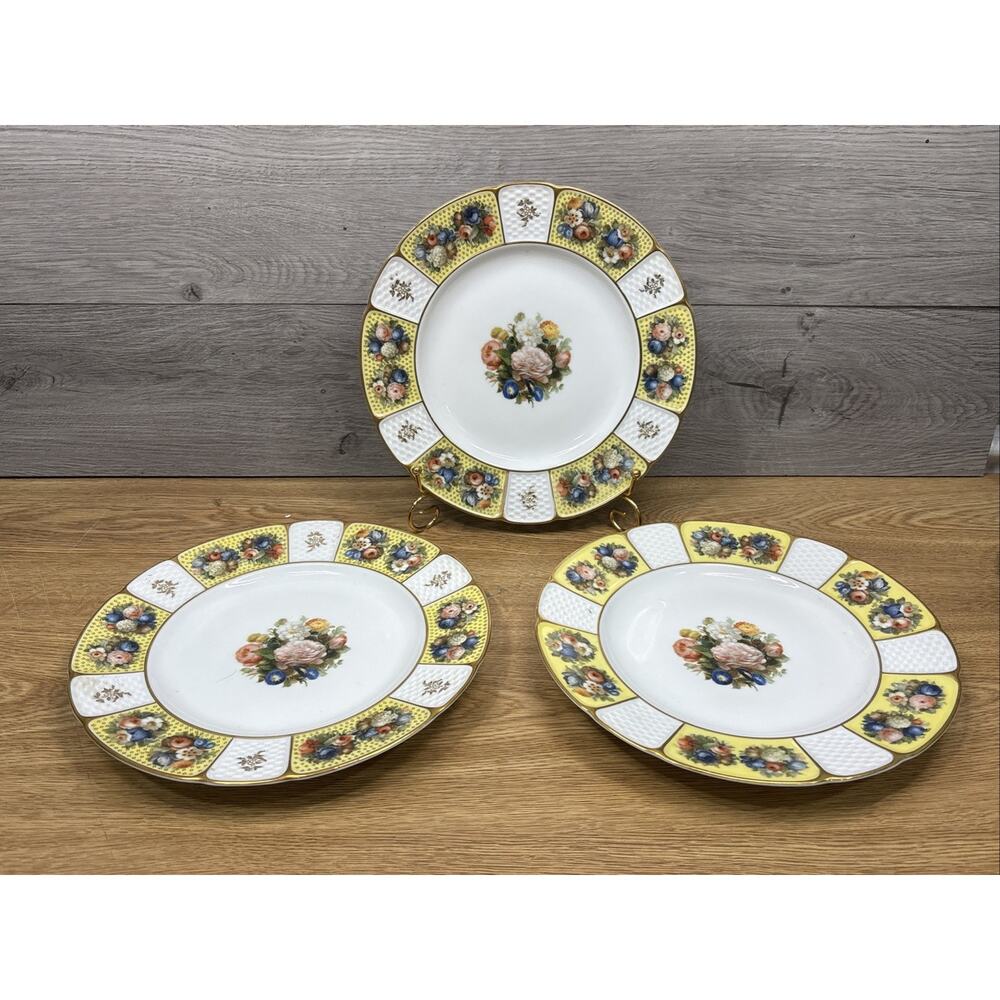 1930s Rosenthal White And Yellow Floral Dinner Plate 10” Gold Rim Set Of 3